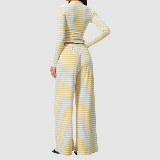 Wholesale Women's Stripe Yoga Set: Zip Stand-Collar Jacket & Wide-Leg Pants