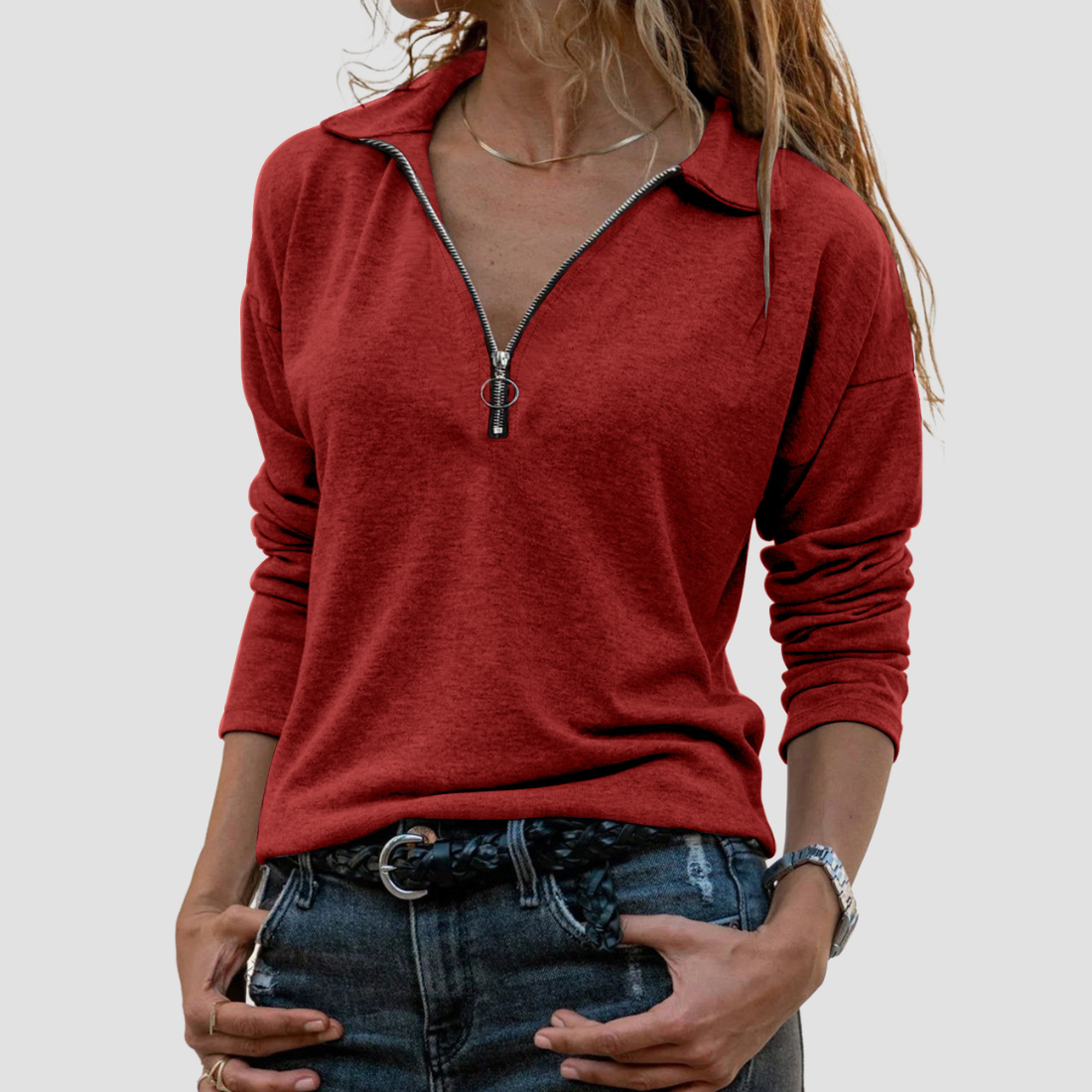 Wholesale Women's Knitted Fabric Lapel Zipper Casual Long Sleeve Top