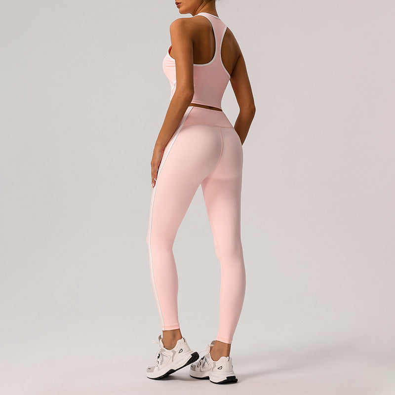 Color-Blocked Racerback Crop Top + High-Waisted Color-Blocked Leggings 2-Piece Set