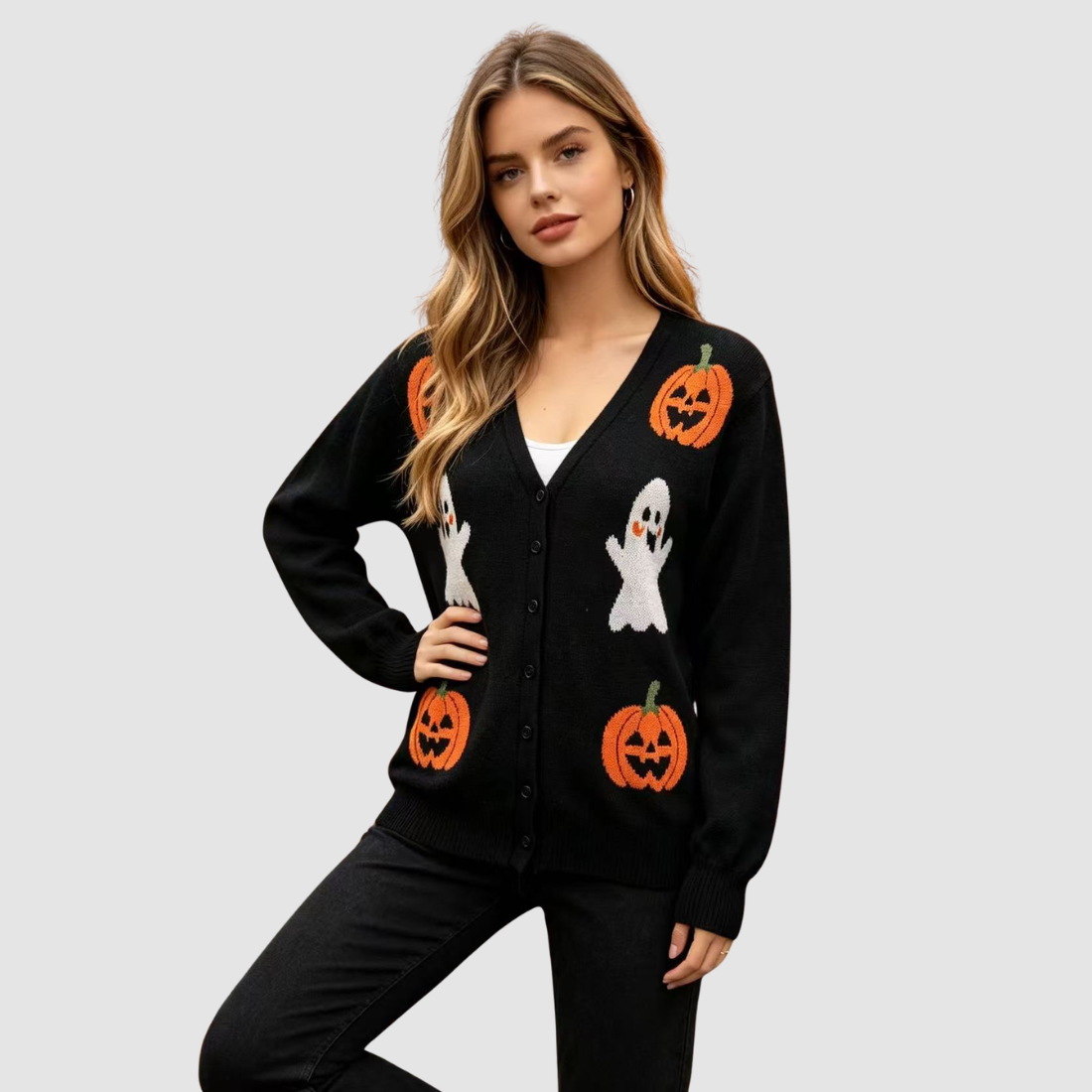Wholesale Women's V-Neck Halloween Witch Pumpkin Lantern Cardigan