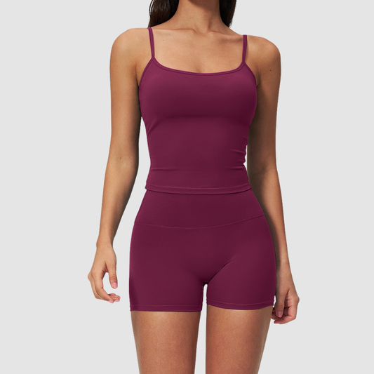 Wholesale Seam-Detail Racerback Tank Top & High-Waist Biker Shorts Set – Brushed Yoga 2-Piece