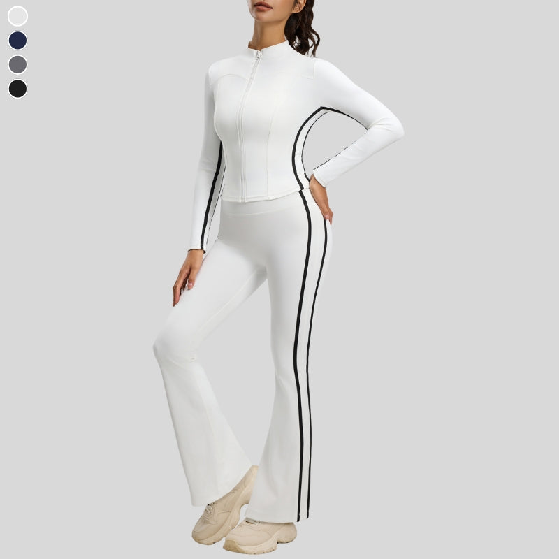 Contrast color slim sports jacket + slim flared pants 2-piece set