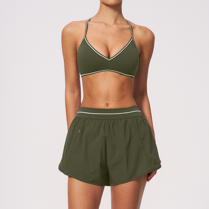Wholesale Women's Brushed Yoga Set: V-Neck Strappy Bra & Shorts – Colorblock Tummy Control