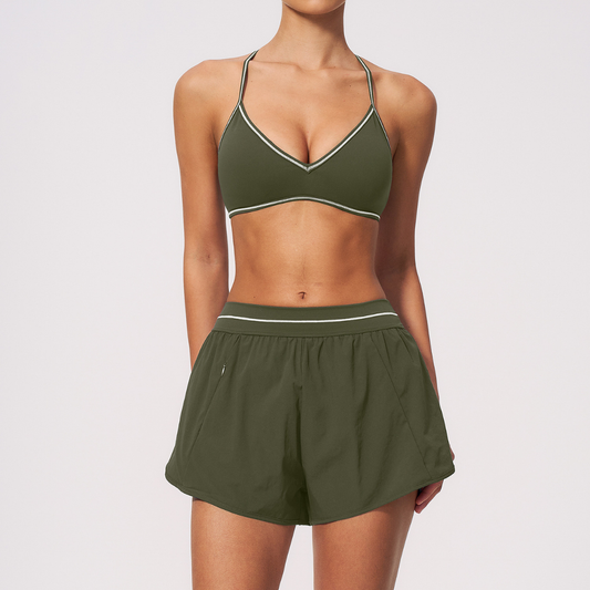 Wholesale Women's Brushed Yoga Set: V-Neck Strappy Bra & Shorts – Colorblock Tummy Control