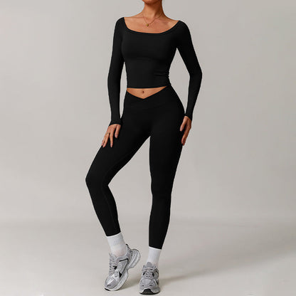 Brushed off shoulder long sleeve yoga top + High-waisted legging 2-piece set