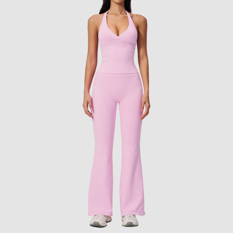 Wholesale Women's V-Neck Halter Sports Bra & Flare Pants Set – Seamless Ribbed Yoga Activewear