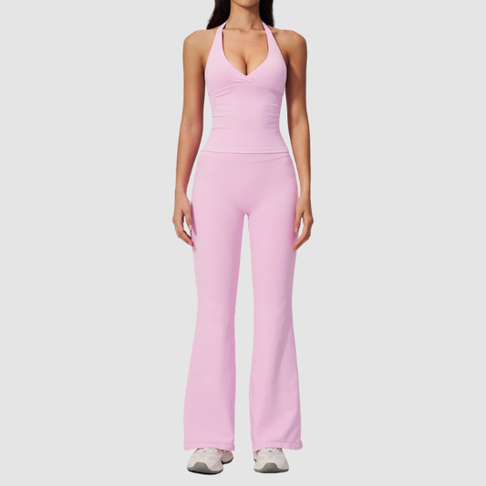 Wholesale Women's V-Neck Halter Sports Bra & Flare Pants Set – Seamless Ribbed Yoga Activewear