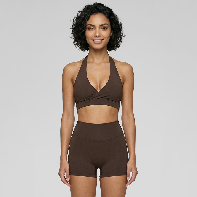 Deep V halter neck bra + high waisted shorts 2-piece set