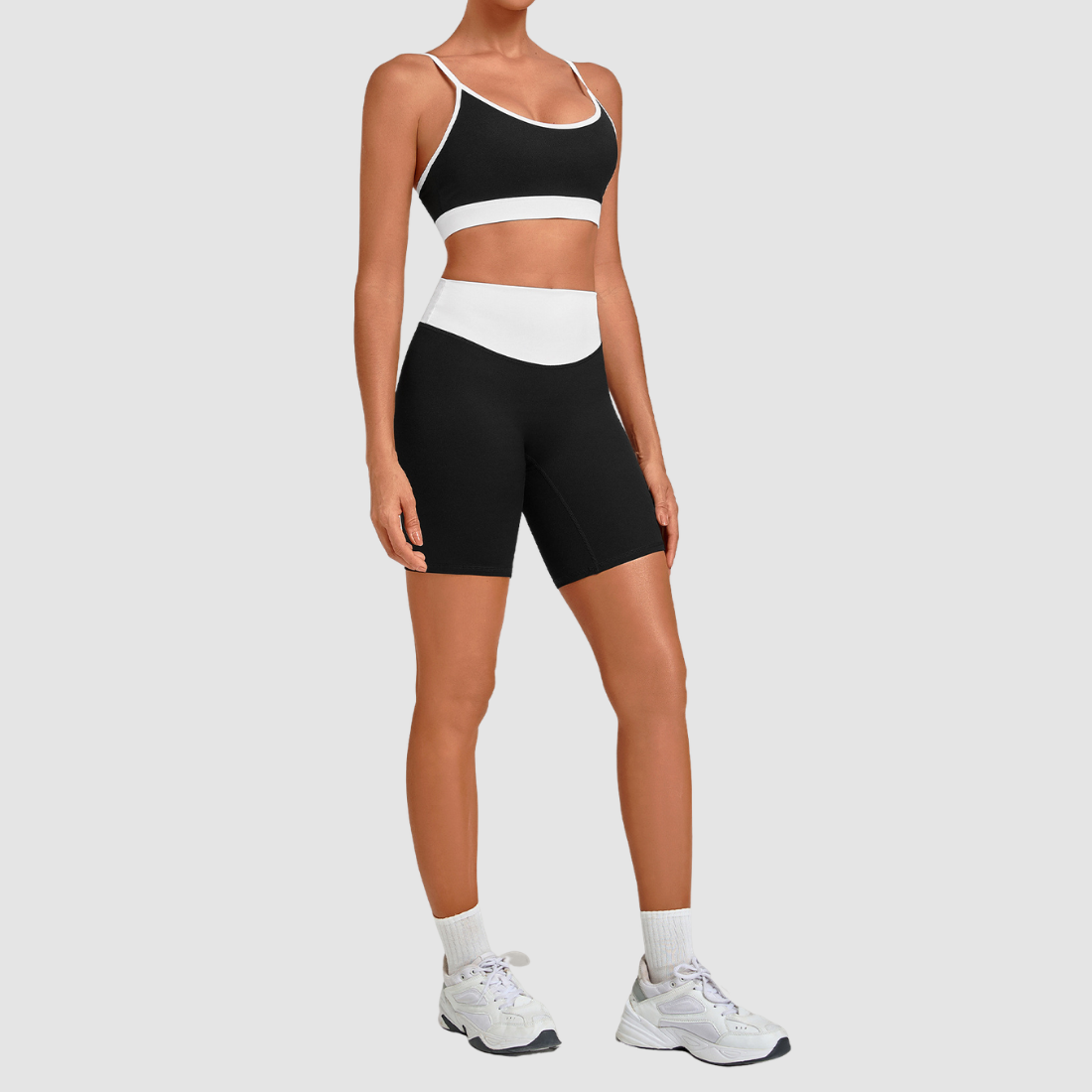 Wholesale Women’s Contrast Strap Sports Bra & High-Waist Biker Shorts Yoga Set