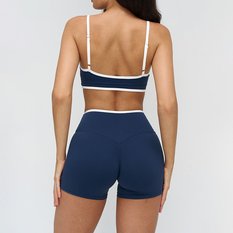 Women's Contrasting Color Thin Strap Sports Bra + Shorts 2-Piece Set