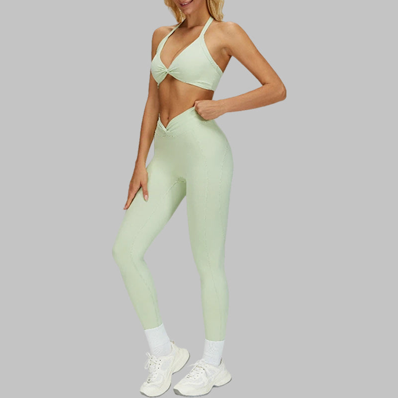 Removable padding sports bra+Pleated waistband sport leggings 2-piece set