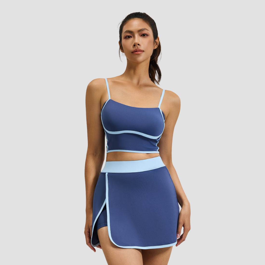 Wholesale Women's Linear Design Sports Bra & Mini Skirt Yoga Set w/ Chest Pad