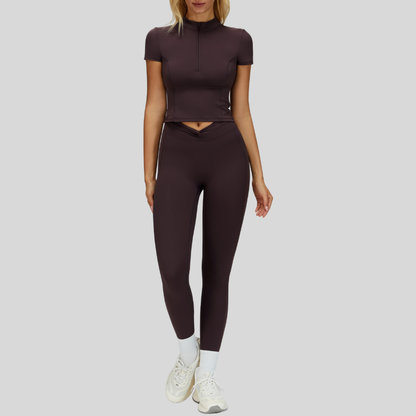 Slim-fit stand-up collar short-sleeved top+Pleated waistband sport leggings 2-piece set