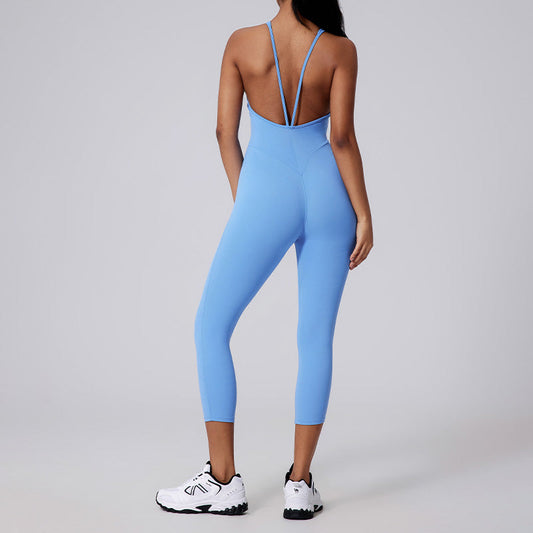Brushed nude V-shaped back long pants yoga jumpsuit