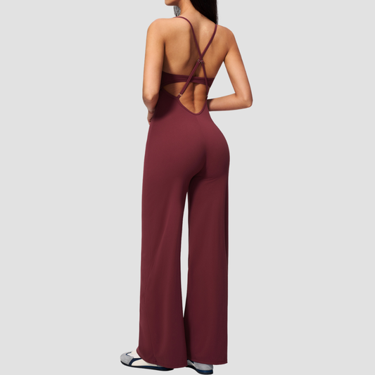 Wholesale Women's Brushed Yoga Jumpsuit – Cross Back Wide-Leg Athletic Bodysuit w/ Chest Pad