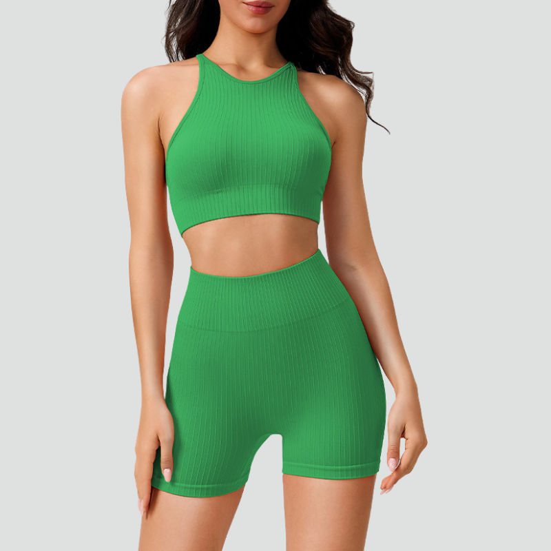 Women's thin strap sports bra and yoga shorts two-piece set.