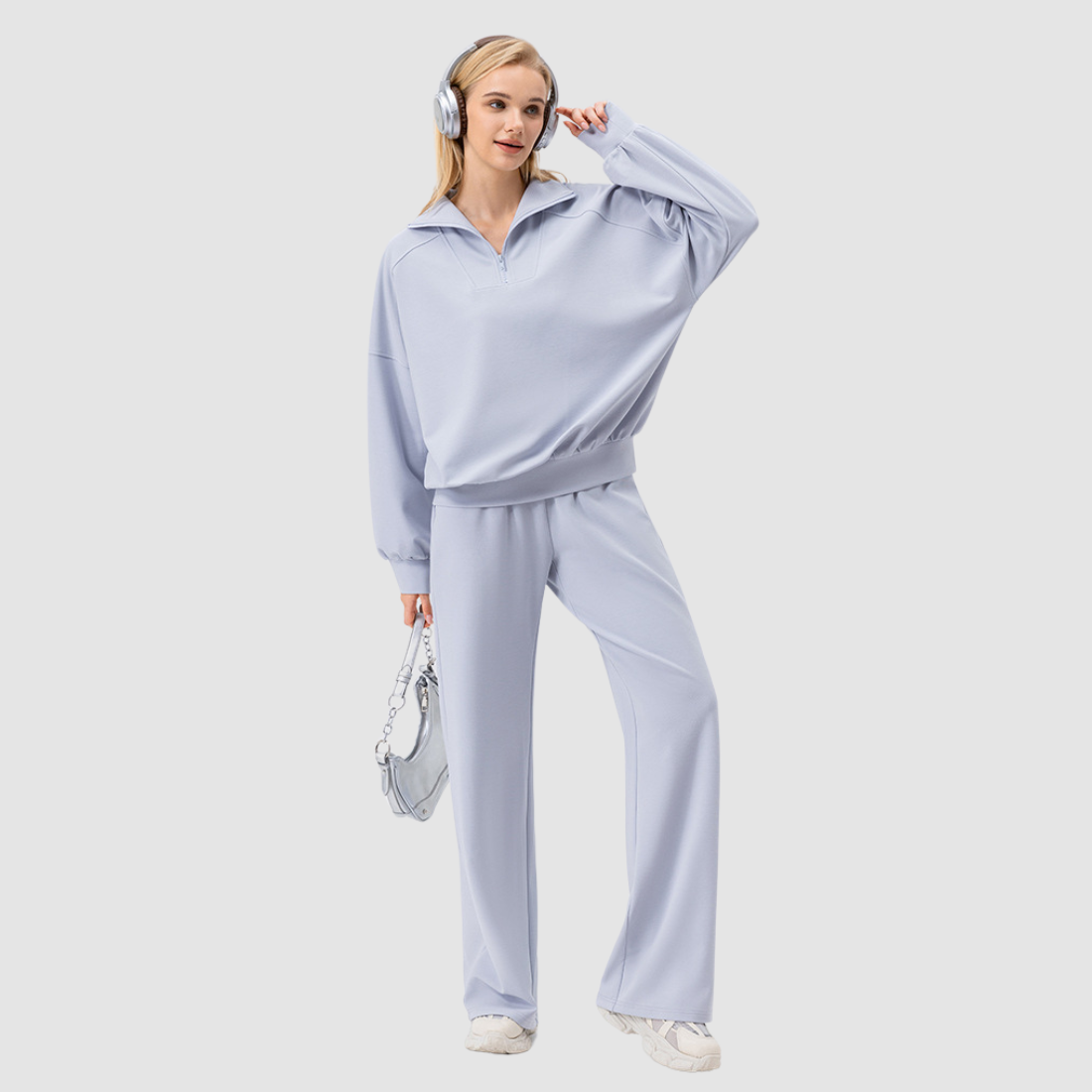 Wholesale Women’s Stand-Collar Lounge Set – Long Sleeve Sweatshirt & Wide-Leg Pants