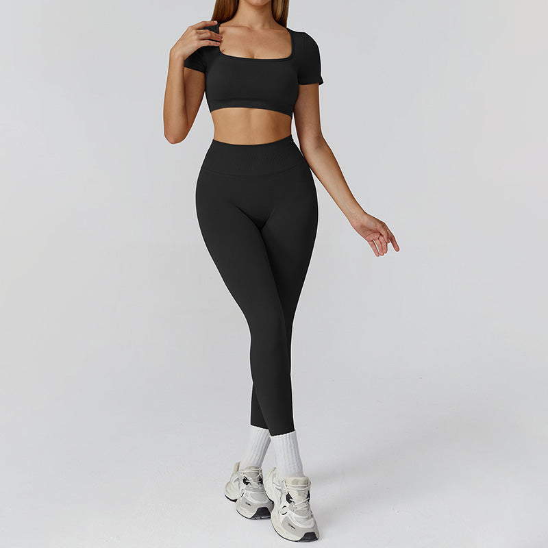 Seamless Short Sleeve Sports Top + hoch taillierte Leggings 2-teilige Leggings