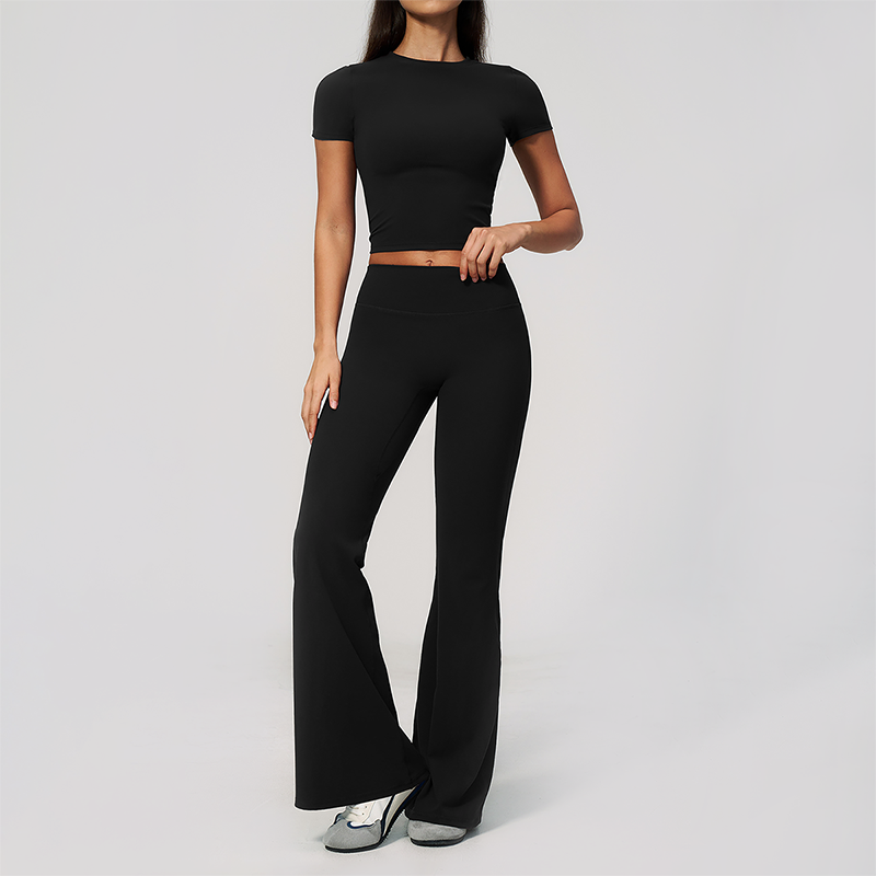 Wholesale Women's Buttery Soft Short Sleeve Crop Top & Flare Pants Yoga Set