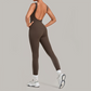 Wholesale Women's Brushed Yoga Jumpsuit – Open-Back Slim Fit Athletic Bodysuit w/ Chest Pad