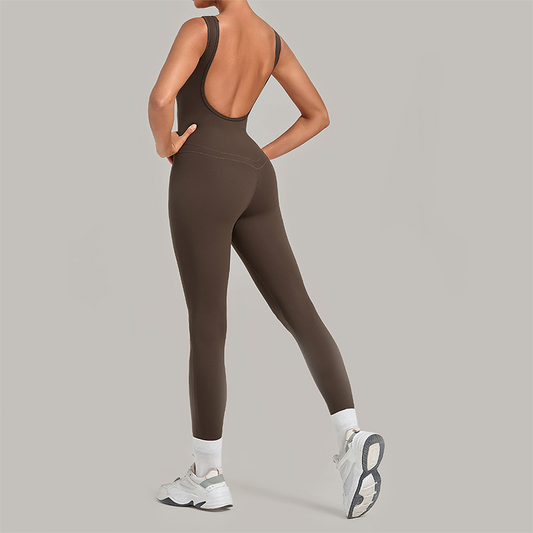 Wholesale Women's Brushed Yoga Jumpsuit – Open-Back Slim Fit Athletic Bodysuit w/ Chest Pad