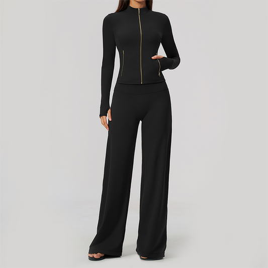 Wholesale Women's Zip-Up Yoga Jacket Set – Relaxed Wide-Leg Pants Activewear Set