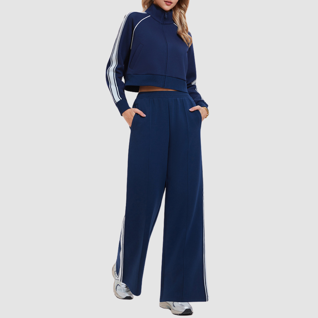 Women's Activewear Color-Block Jacket & Straight-Leg Pants Sports Set