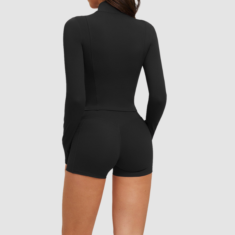 Wholesale stand-collar zippered jacket + high-waisted tight shorts