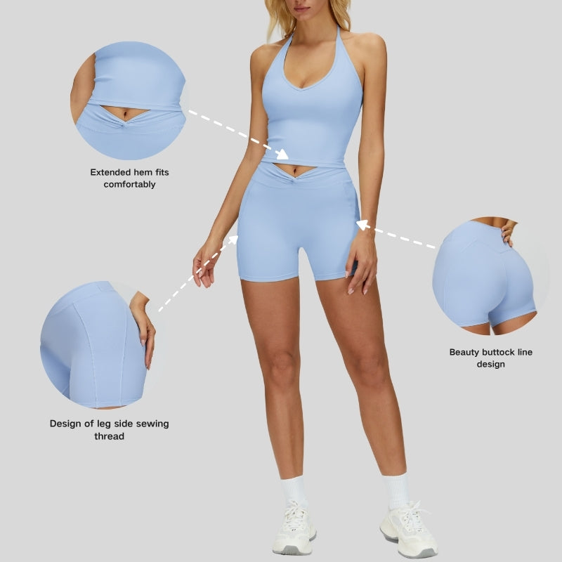Removable Bra Pad Tank top+Pleated waistband sport shorts 2-piece set