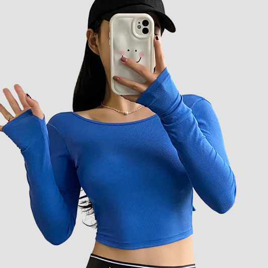 Wholesale Women's Crop Open Back Yoga Long Sleeve Top – Quick-Dry Fitness with Chest Pad