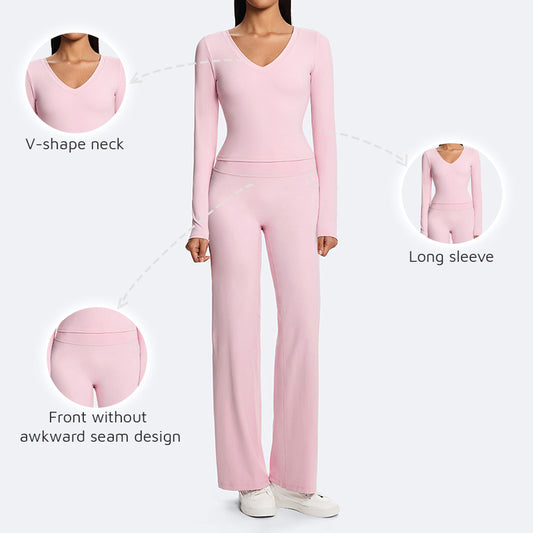 Wholesale V-neck long-sleeved top + straight-leg | Wonderxfans bulk activewear
