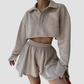 Wholesale Women's Long Sleeve Crop Cardigan & Drawstring Shorts Set – Casual Two-Piece TZ8040