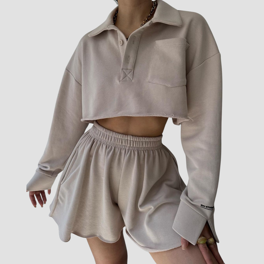 Wholesale Women's Long Sleeve Crop Cardigan & Drawstring Shorts Set – Casual Two-Piece TZ8040