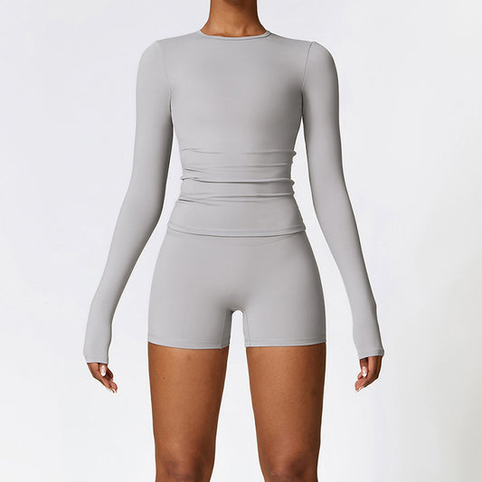Top de yoga de manga larga cepillada + Shorts de cintura alta de 2 piezas