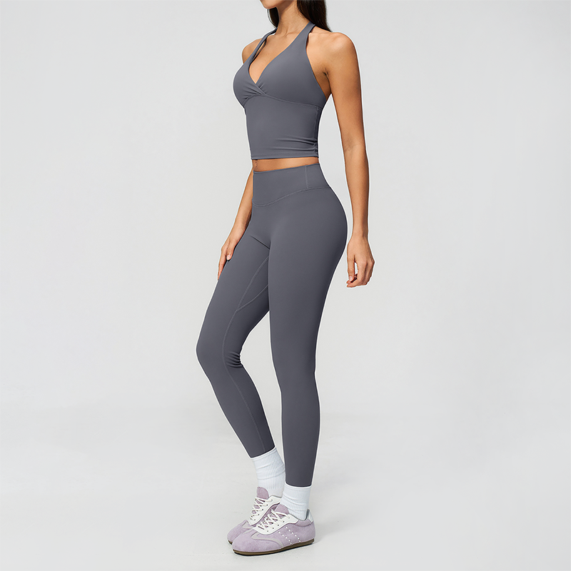 Wholesale Women's Cream-Feel Fleece Deep-V Halter Neck Tank Top & Leggings Set