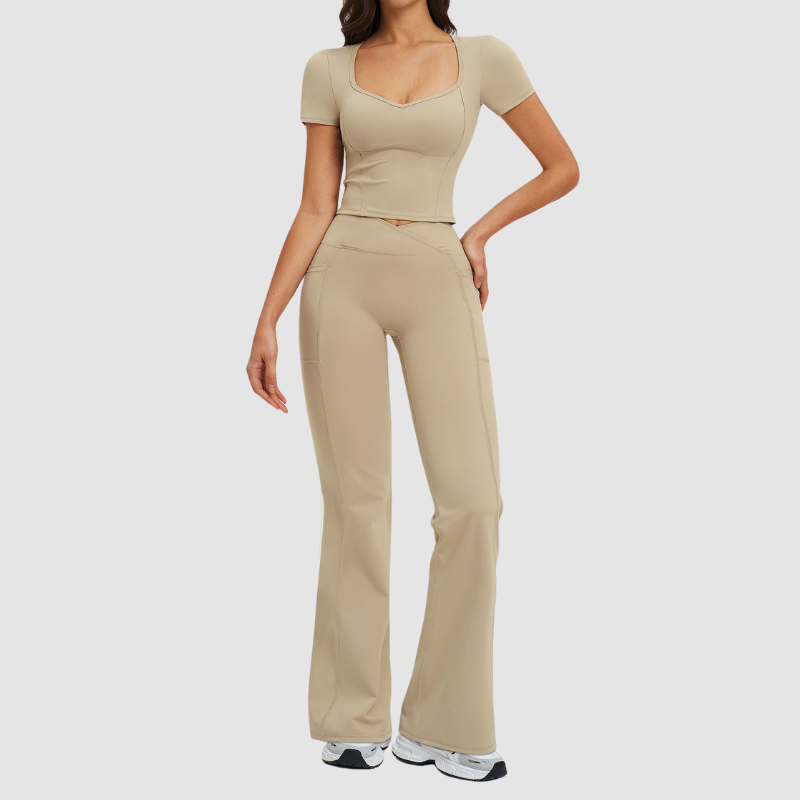 Wholesale square-neck crop top + high-waisted flared pants