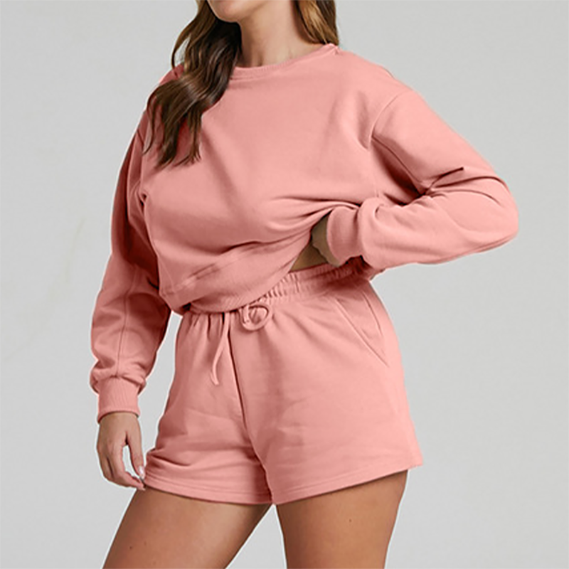 Wholesale solid color long sleeved sweatshirt+shorts set