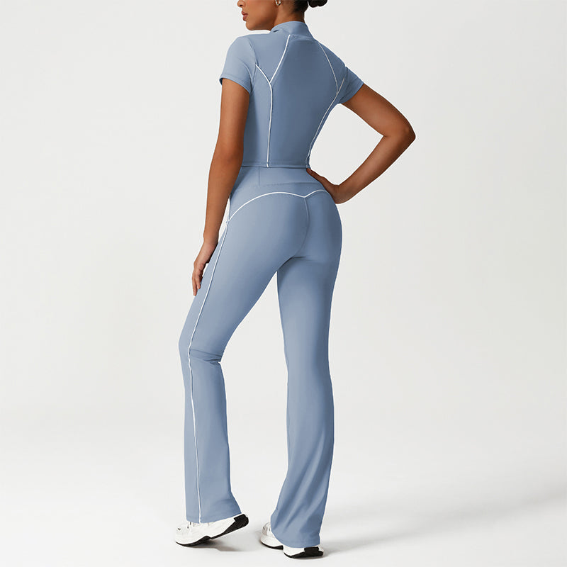 Stand-Collar Cropped Jacket + Butt-Lifting Flared Pants 2-Piece Set