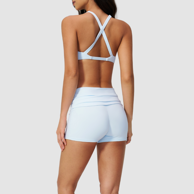 Wholesale Cross Trap Sports Bra + Fold-Up Waistband Shorts 2-Piece Set
