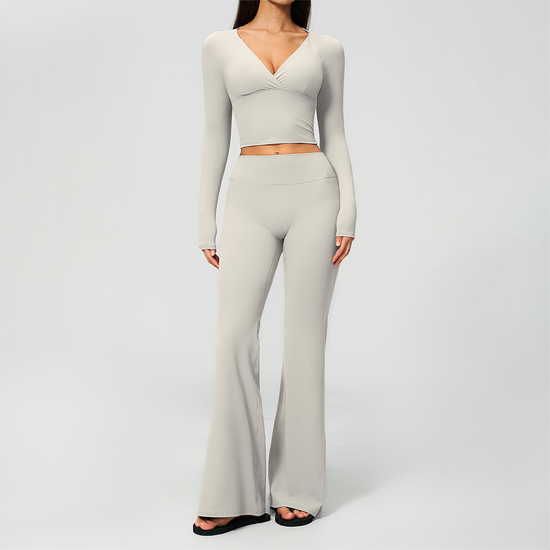 Wholesale Women's Cream-Feel Fleece Long Sleeve Top & High waisted flared Pants Set