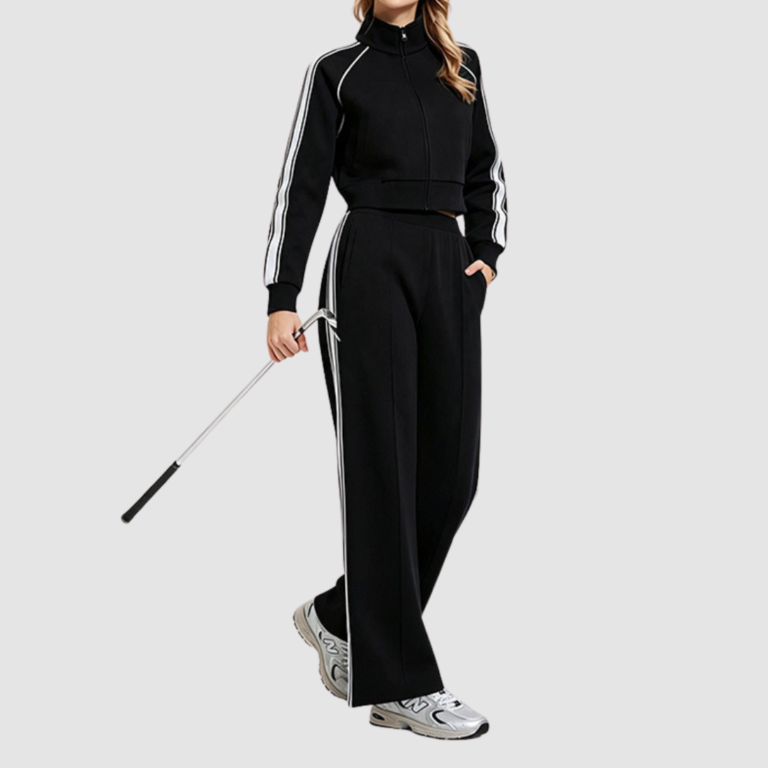 Wholesale Women’s Stripe Jacket & Straight-Leg Pants Separates – Cotton Blend Activewear