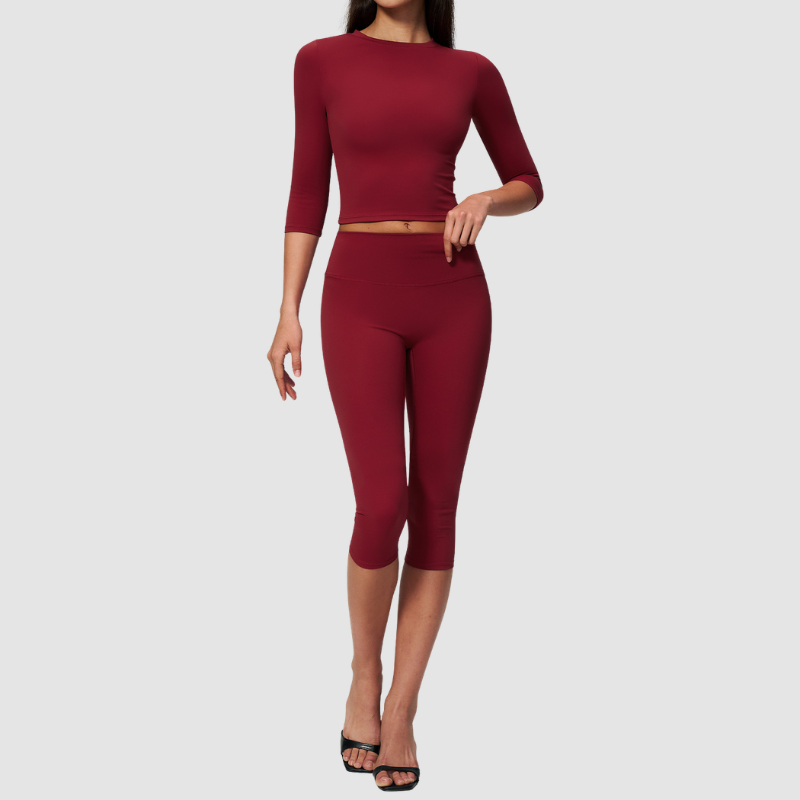 Wholesale Women's 3/4 Sleeve Crop Top & High-waisted Mid-Length Leggings Set