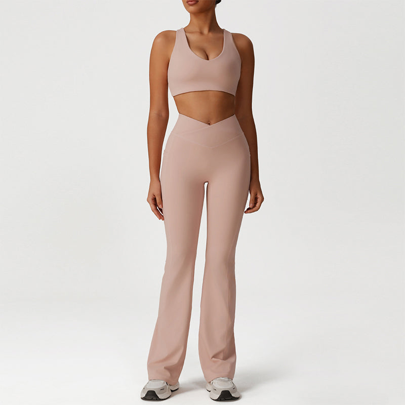 Cross-Back Sports Bra + Flared Leg Pants 2-Piece Set