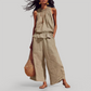 Wholesale Women's Ruffle Neck Sleeveless Top & Wide-Leg Pants Vacation Set