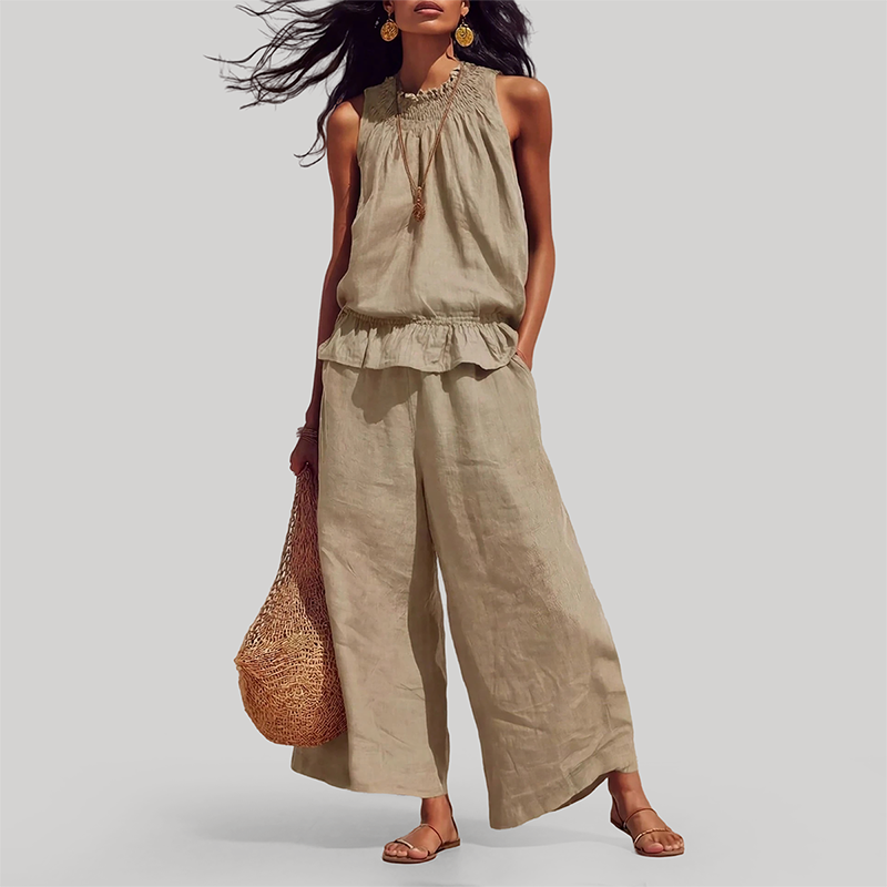 Wholesale Women's Ruffle Neck Sleeveless Top & Wide-Leg Pants Vacation Set