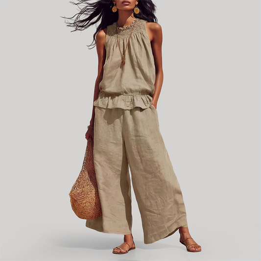 Wholesale Women's Ruffle Neck Sleeveless Top & Wide-Leg Pants Vacation Set