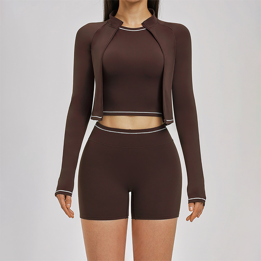 Color blocked Sports jacket+Sport vest+Tight shorts Running fitness 3-piece set