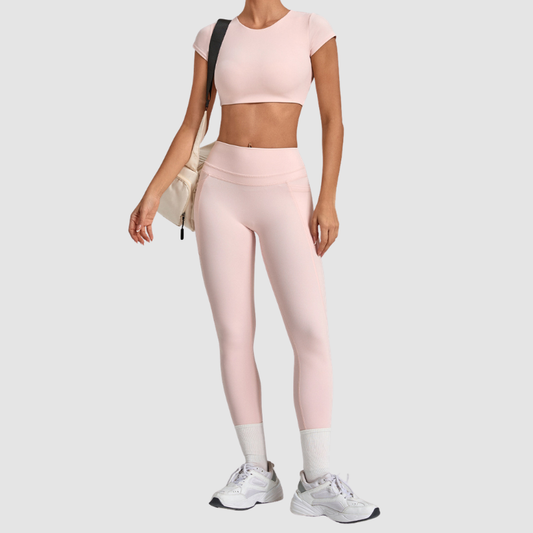 Wholesale Women's Naked-Feel Short Sleeve Crop Top + High-Waist Leggings Set – Moisture-Wicking Yoga Fitness Activewear