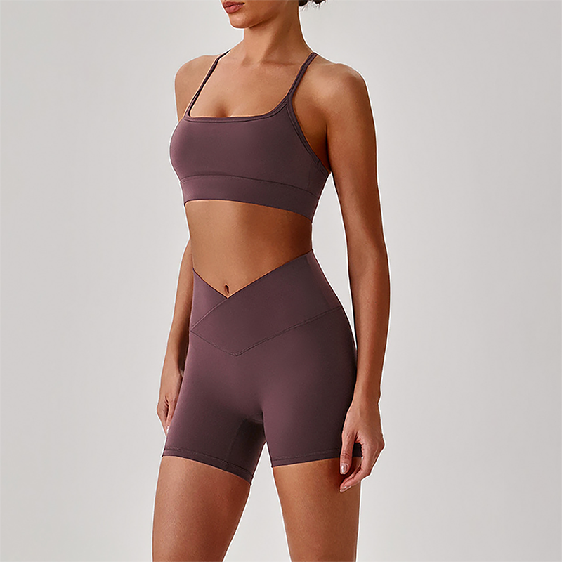 Wholesale Brushed Naked-Feel Open-Back Sports Bra & High-Waist Shorts Set – Sculpting Yoga 2-Piece