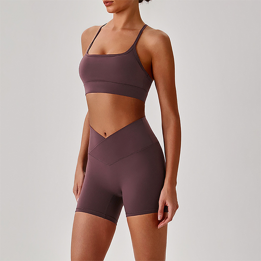 Wholesale Brushed Naked-Feel Open-Back Sports Bra & High-Waist Shorts Set – Sculpting Yoga 2-Piece
